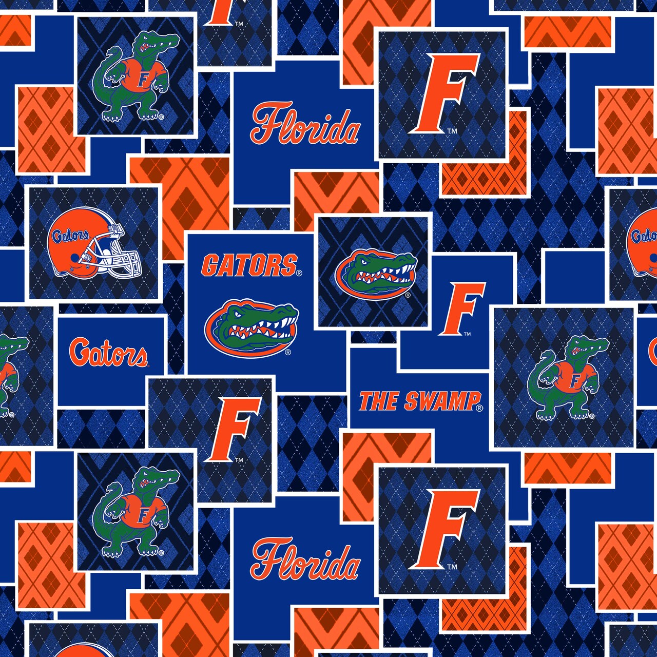 Sykel Enterprises-University of Florida Cotton Quilting Fabric-Florida Gators Argyle Boxes Cotton Fabric Sold by the Yard